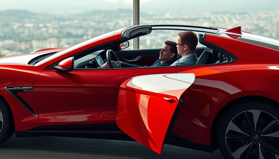 Sleek red luxury car discussion in a scenic setting.