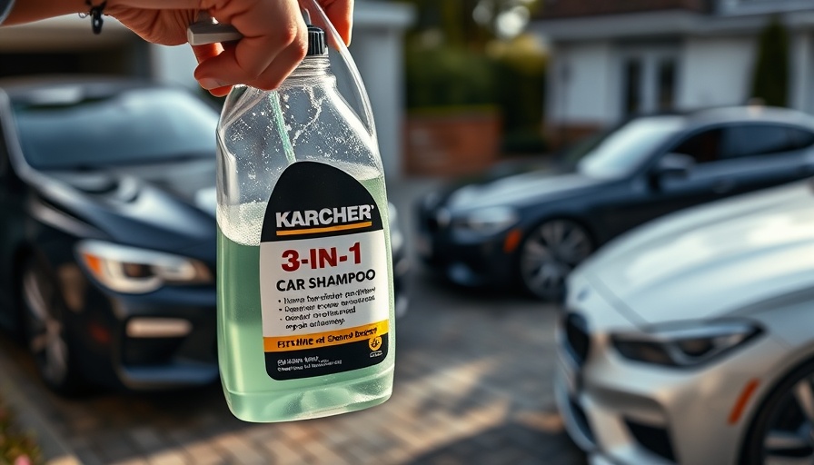 Karcher 3-in-1 Car Shampoo held over green bucket with cars in background.