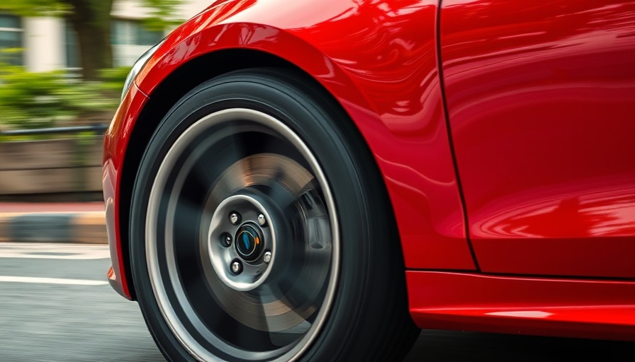 Dynamic shot of a red car's wheel in motion, illustrating buying a car from another state.