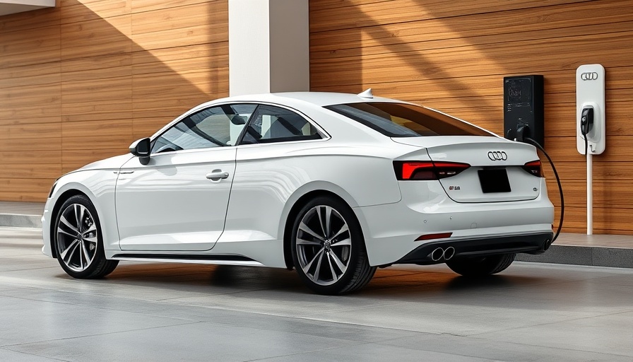 Audi A5 e-hybrid charging in front of modern building.