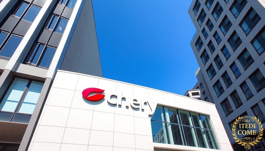 Chery building facade with logo, Chery iCar launch UK 2025.