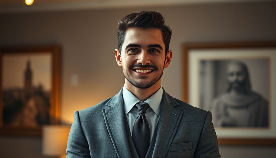 Businessman in grey suit smiling indoors, framed art on background.
