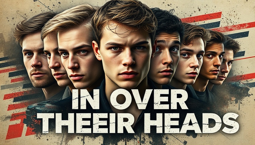 Grunge collage featuring young men and bold text design.