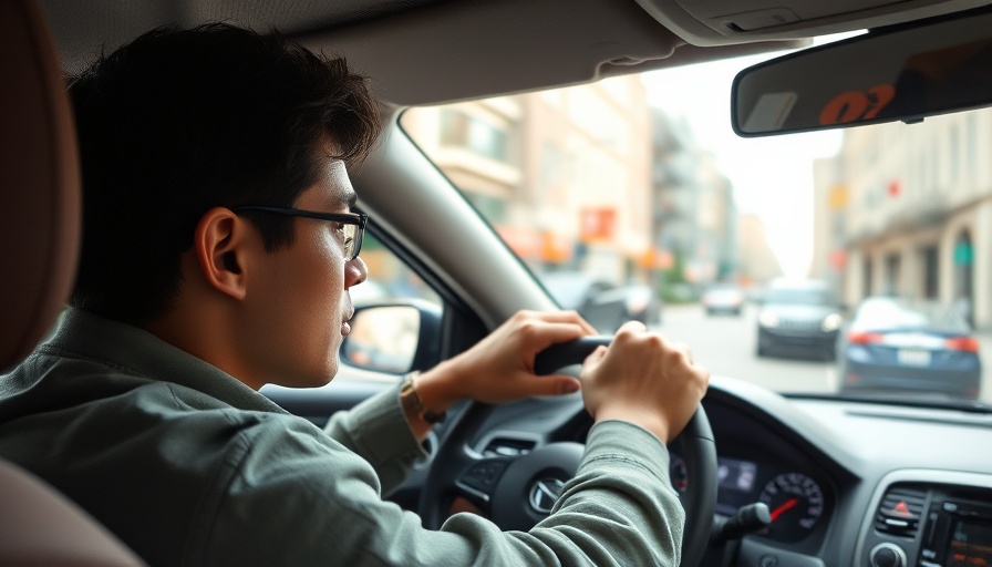 Young driver on city street, hands on wheel, focused driving.