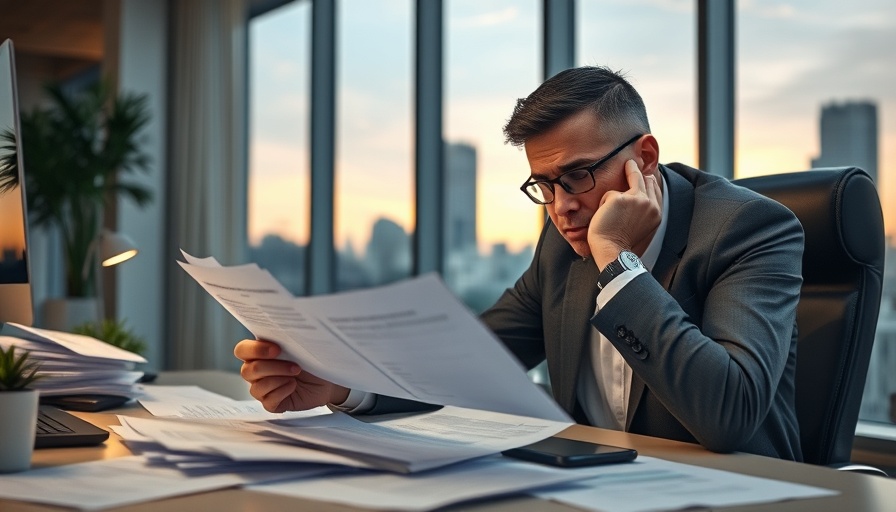 Frustrated person reviewing finance papers, cityscape view.