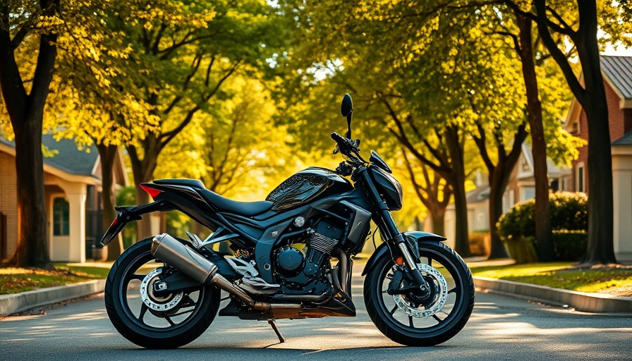 Sleek black motorcycle on a leafy street, related to Motorcycle Accident Lawyer.