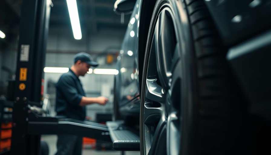 Close-up of car tire in garage, focus on wheel alignment costs.