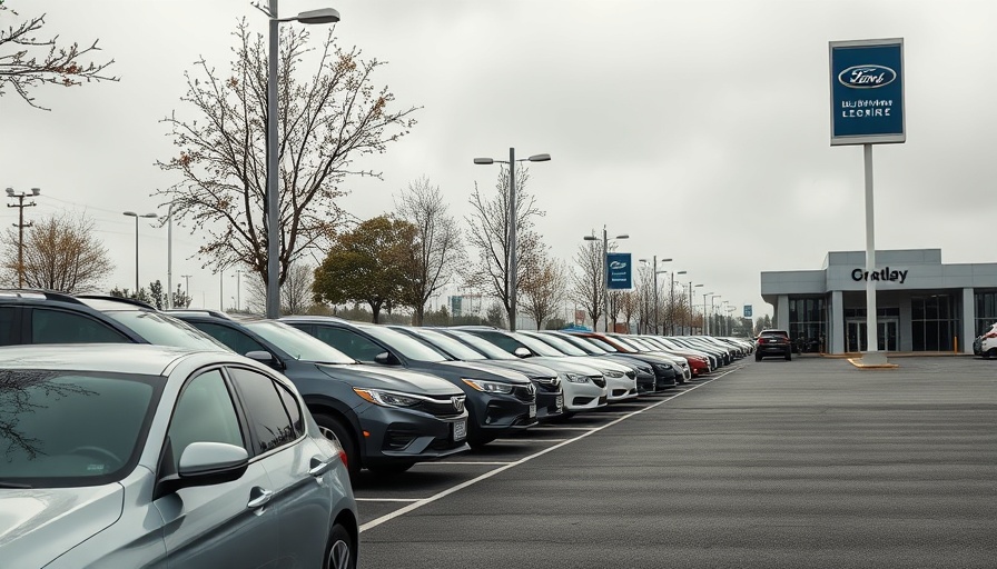 Car dealership with parked cars on a cloudy day, depicting decline in new car registrations.