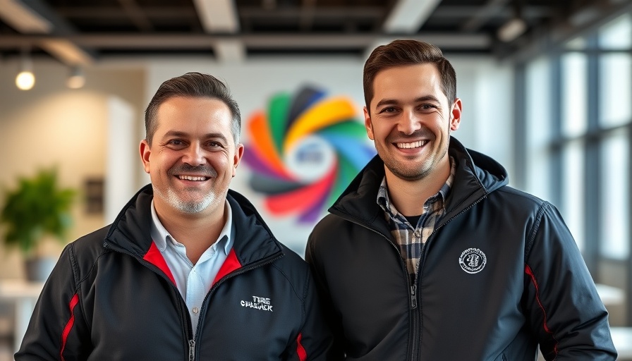 Two men in branded jackets discussing Motor Trade Insurance Solutions, smiling in office.