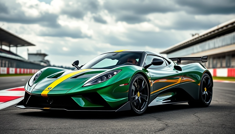 Lotus Emira Clark Edition in green and yellow on a race track.