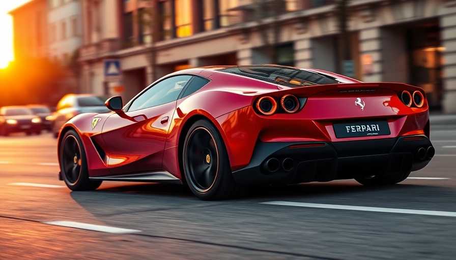Sleek Ferrari electric sports car at sunset on city street.