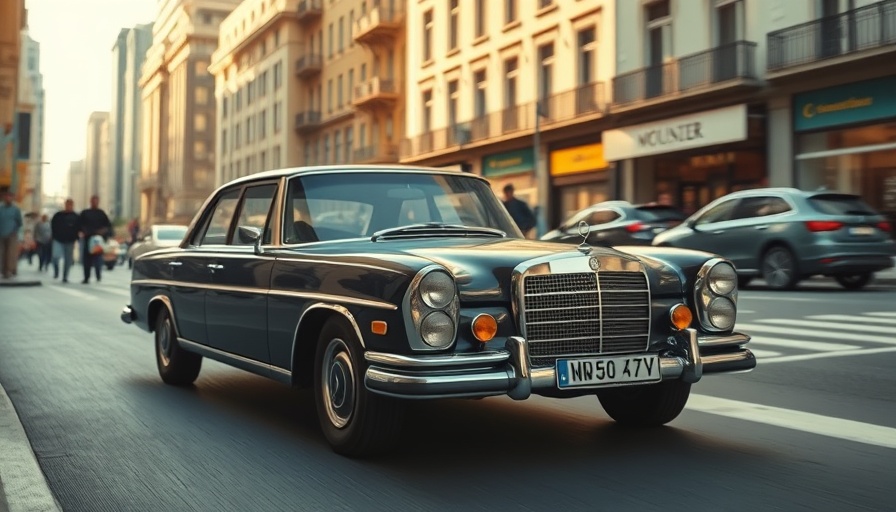 Classic vintage Mercedes driving on a sunny urban street.