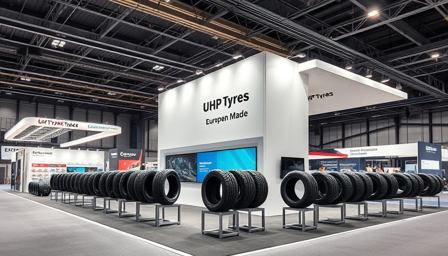 European-made UHP tyre display at modern exhibition stall.