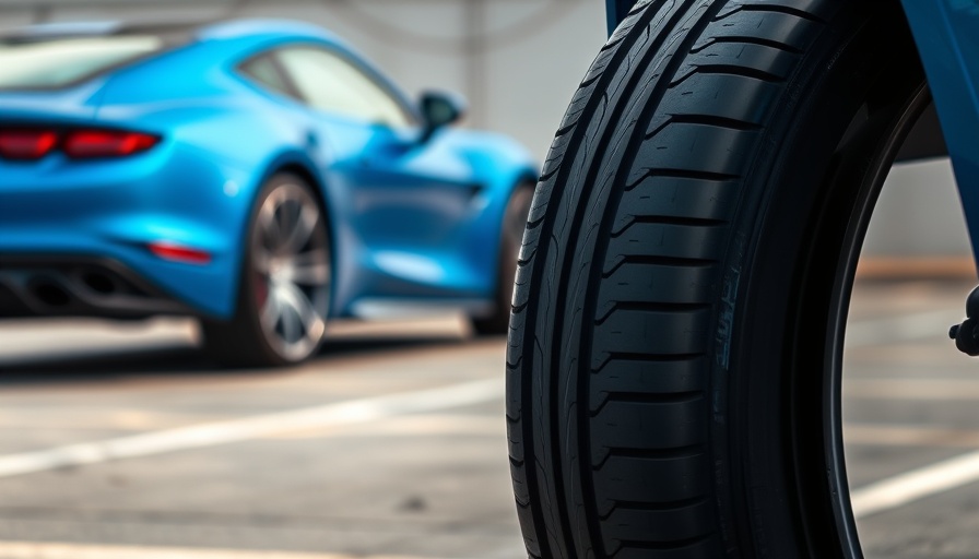 Modern car tyre in focus with sports car in background, tyre safety tips.