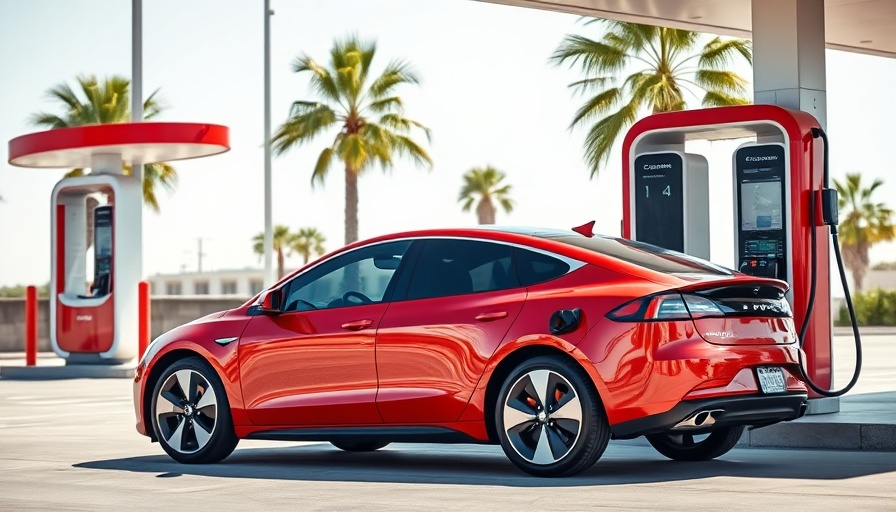 Sleek red electric car charging in urban area, exploring Chinese alternatives to Tesla.