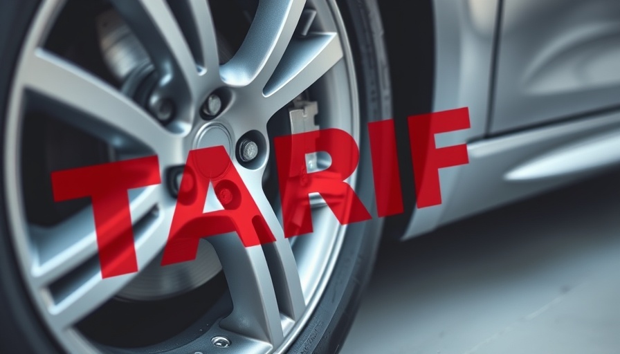 Symbolic image of British auto imports tariffs with a car wheel and tariff sign.