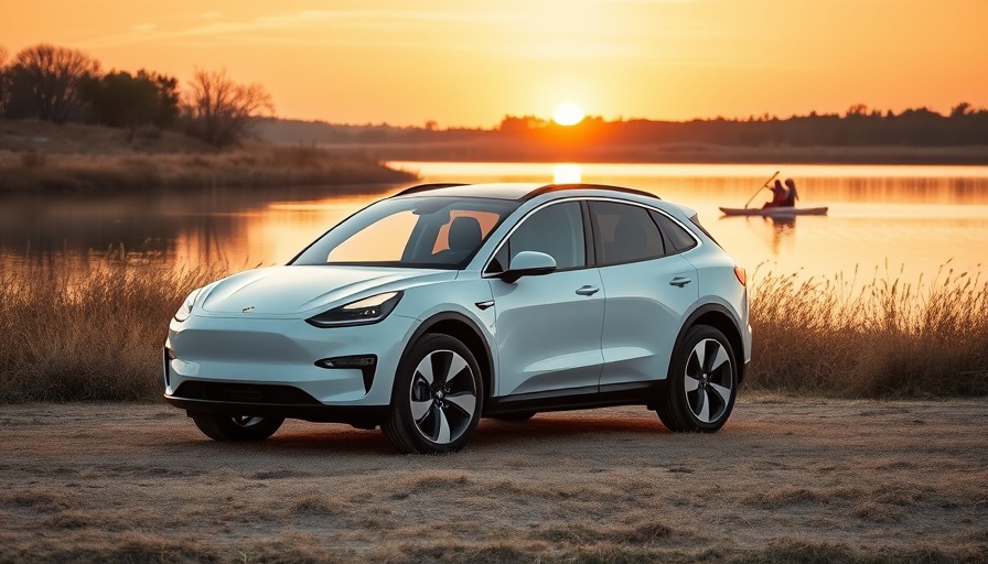2026 Mercedes-Benz CLA EV beside lake with paddleboarders at sunset.