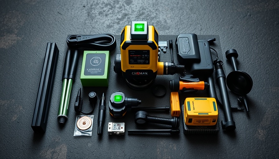 CIGMAN 4x360° Green Laser Level kit on dark surface, photorealistic.