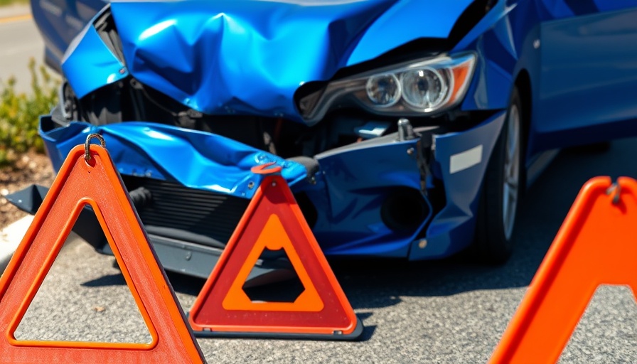 Damaged car with warning triangle on road, hire a car accident lawyer.