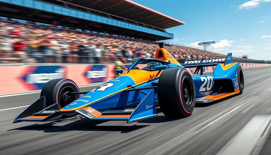 Vibrant IndyCar with blue and orange livery showcasing speed.