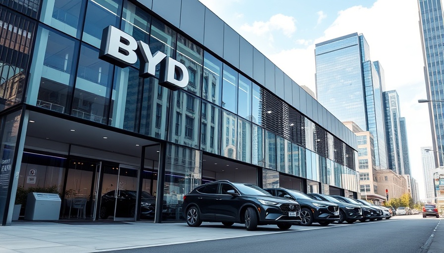 Modern BYD dealership with glass facade and signage, showcasing Arnold Clark.