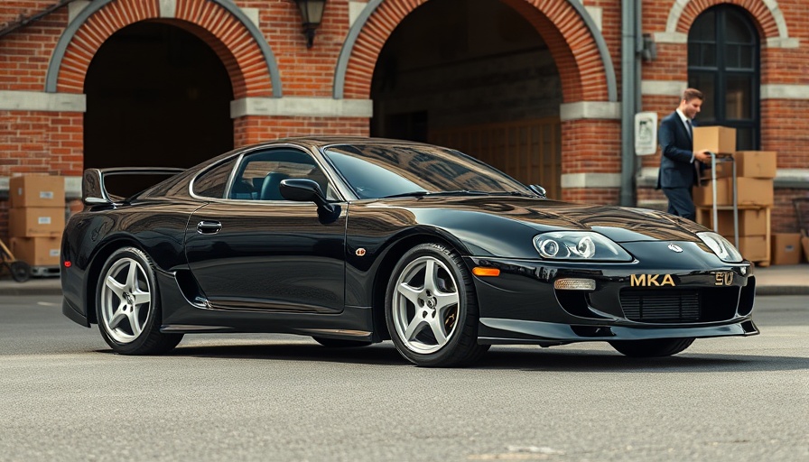 Sleek black Toyota Supra MK4 parked with vintage backdrop.