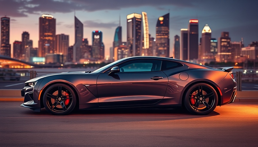Top V-6 engine car parked in a vibrant cityscape.