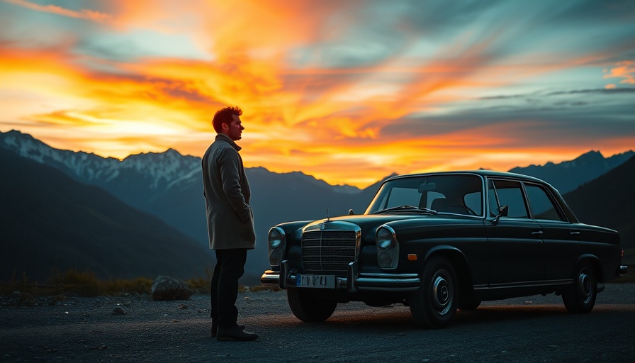 Person beside vintage car at sunset in mountains, best Audi car comparison.