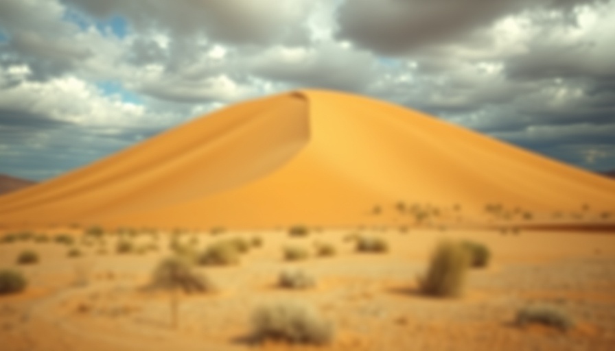 Blurred desert landscape under cloudy sky.