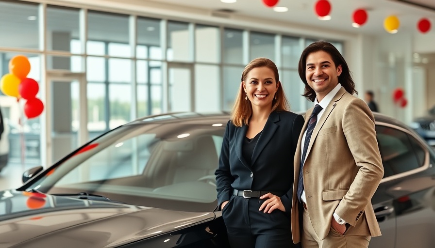 Business professionals in dealership with balloons celebrating BYD expanding UK dealerships.