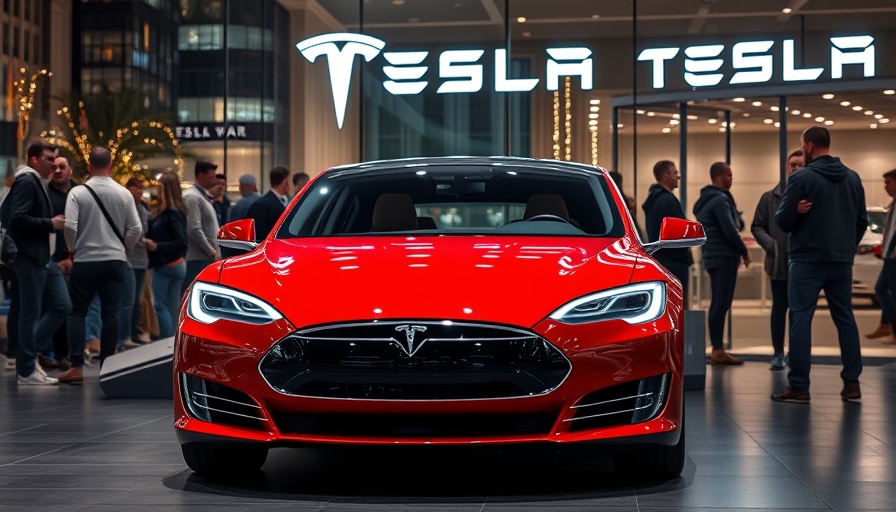 Tesla showroom in the UK showcasing a red Tesla Model S.