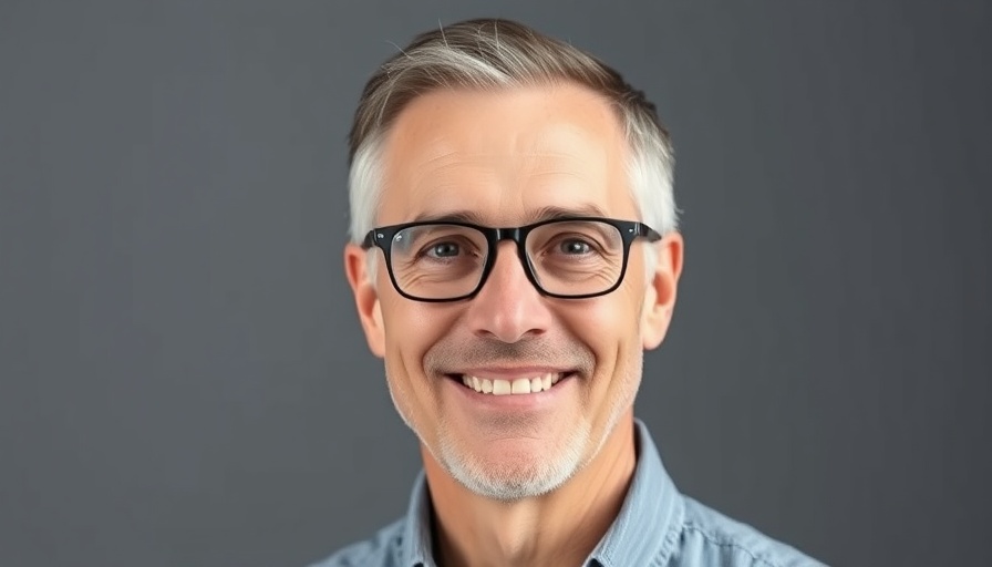 Headshot of middle-aged man with glasses, grey background.