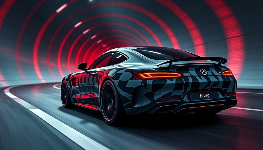 Futuristic Mercedes-AMG GT 4-Door Electric Coupe in an illuminated red tunnel.