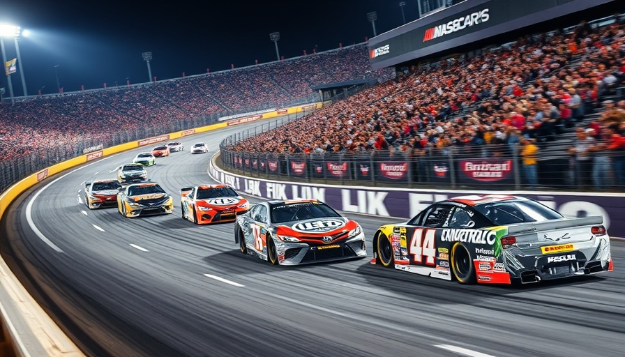 NASCAR All-Star Race results with cars on track, crowd cheering.