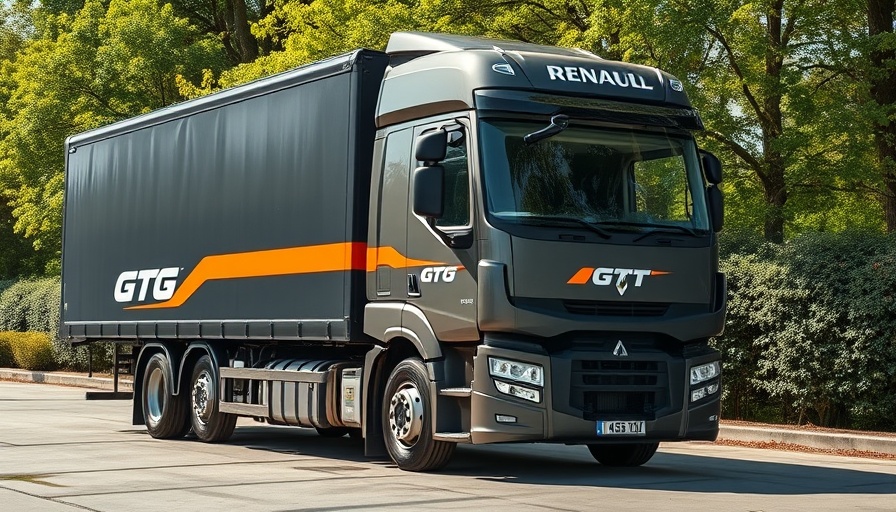 Renault Trucks HGV parked under trees, showcasing GTG branding.