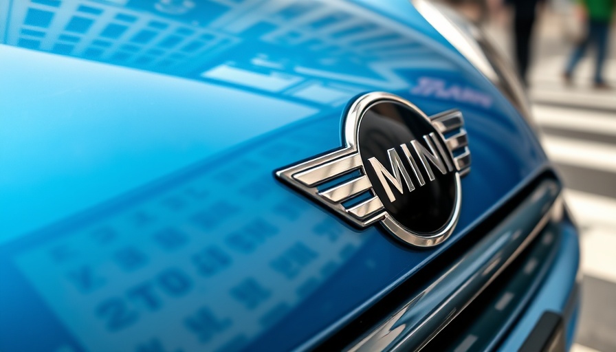 Glossy blue Mini car emblem reflecting surroundings, highlighting highest profit potential cars.