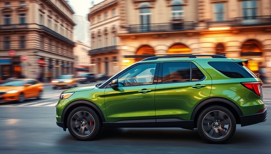 Leapmotor SUV driving on city street near historic buildings.
