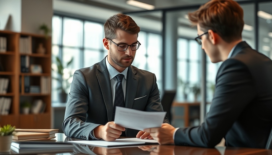 Personal injury lawyer helping client at desk with documents.