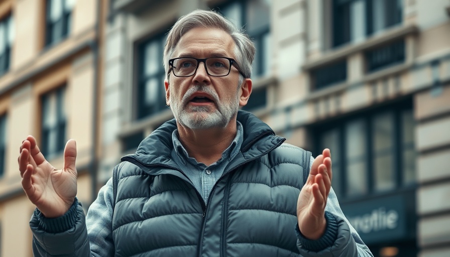 Man discussing luxury cars, urban setting, natural lighting.