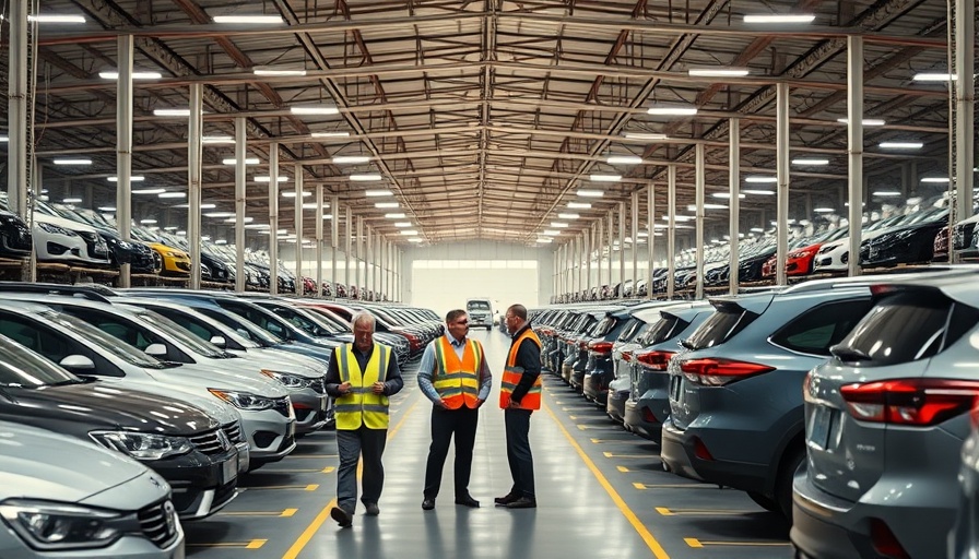 Car auction warehouse interior with cars and staff during CMA investigation.