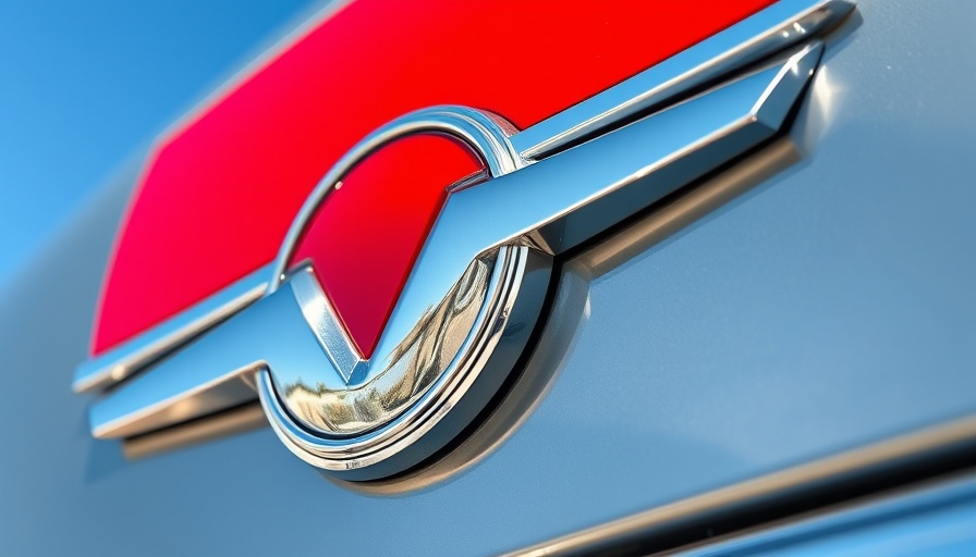 Close-up of silver and red car logo on metallic wall near Hyundai showroom Chislehurst.