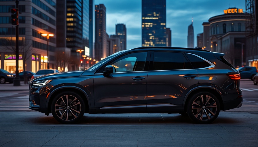 Sleek modern SUV in cityscape dusk setting.