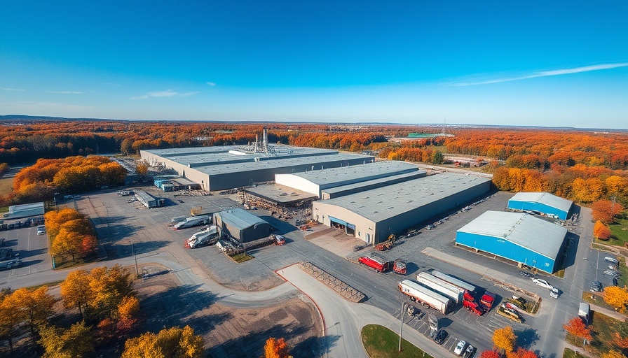 Aerial view of industrial site amid fall trees, highlights Greenhous Group profits surge.