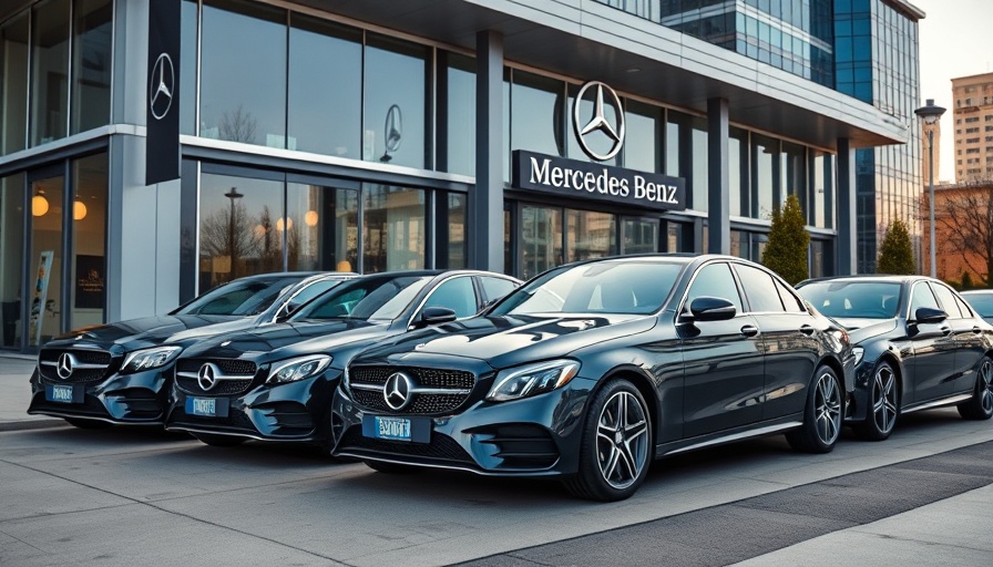 Mercedes-Benz cars elegantly parked in front of dealership for servicing.