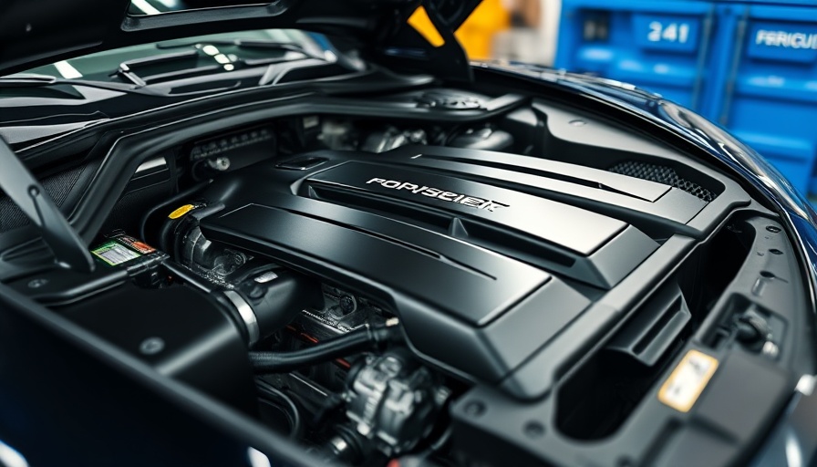Luxury car's engine bay with intricate components, bright blue container.