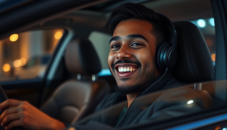 Close-up in a luxury car, person smiling, using headphones.