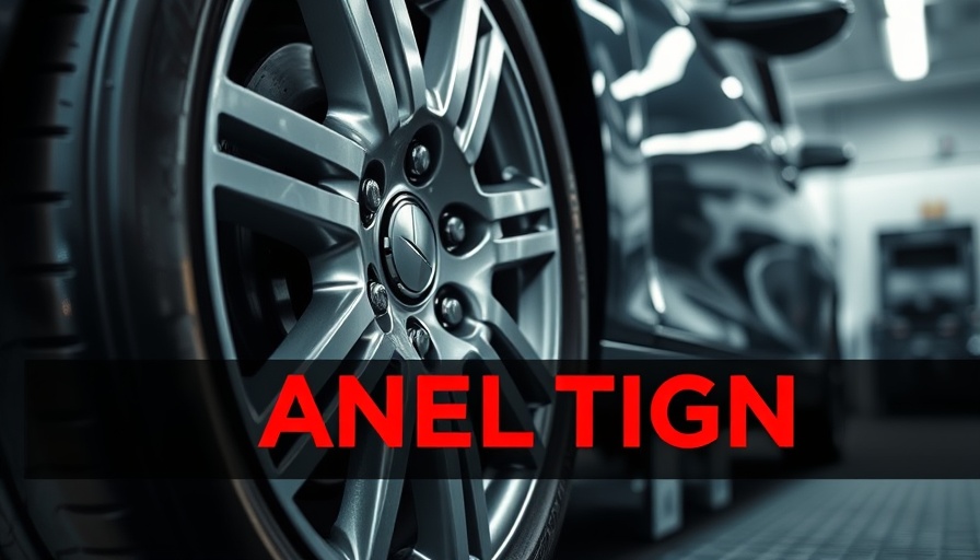 Close-up of car wheel with alignment test, red overlay text.