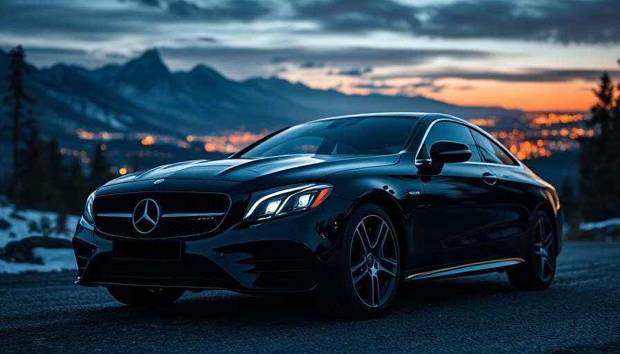 Mercedes-Benz in twilight mountain setting, remote work lifestyle.
