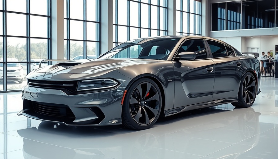 Futuristic Dodge Charger Daytona EV in bright showroom, aerodynamic design.