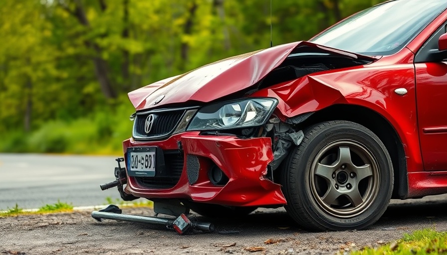 Damaged red car illustrates role of speed in crashes.